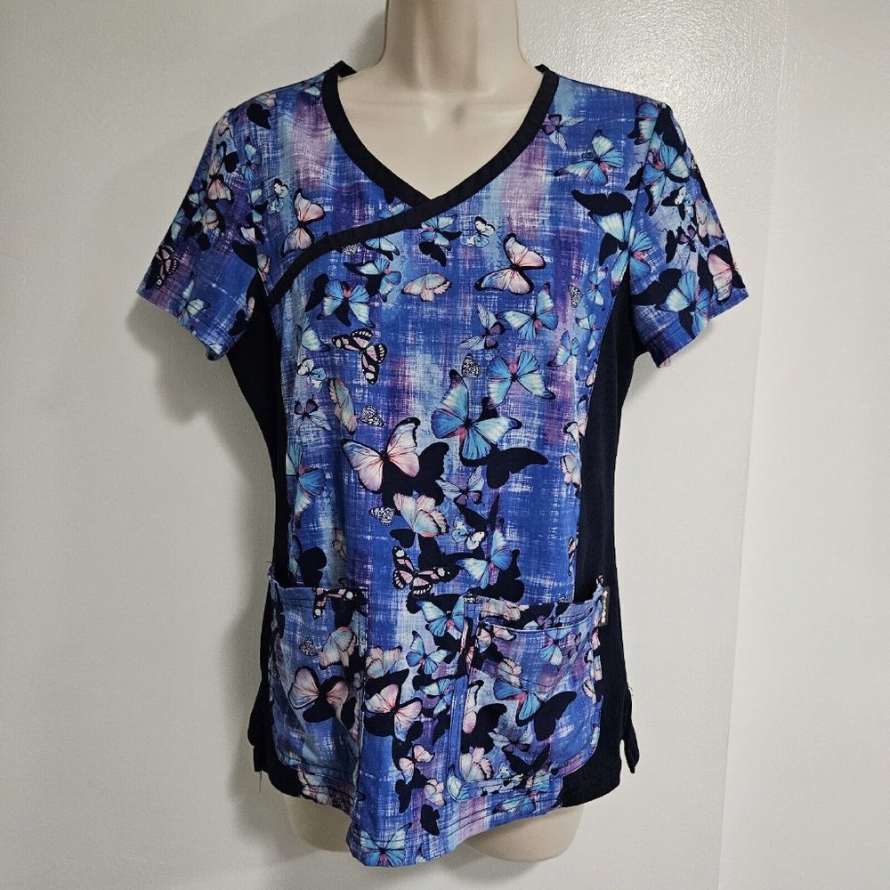 Koi Stretch Women's Size XS Purple Scrub Top Butterfly Print 385PR Side Stretch‎